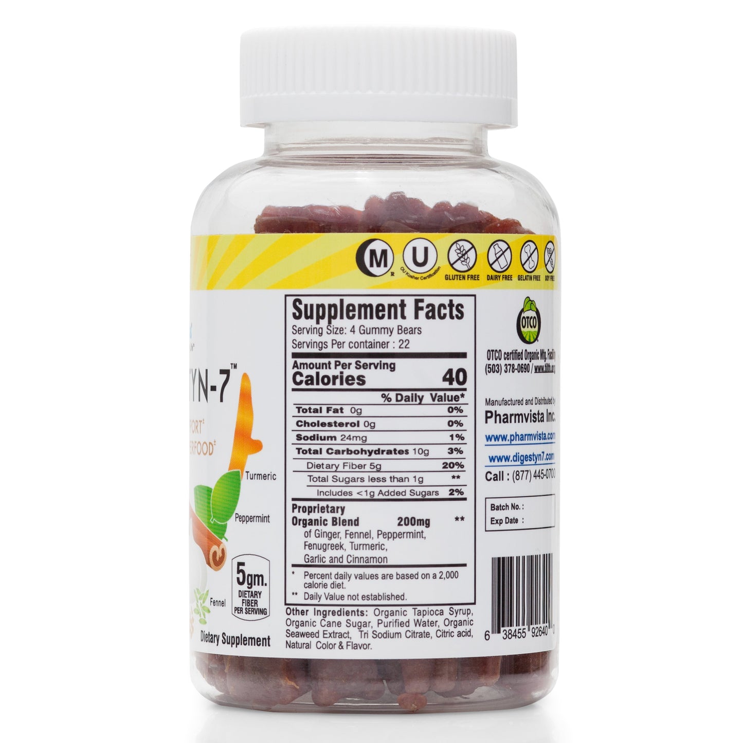 Digestyn7 - Digestive Gummies 200mg with Organic Ginger, Garlic, Turmeric, Cinnamon, Fennel, Fenugreek and Mint - 90 count