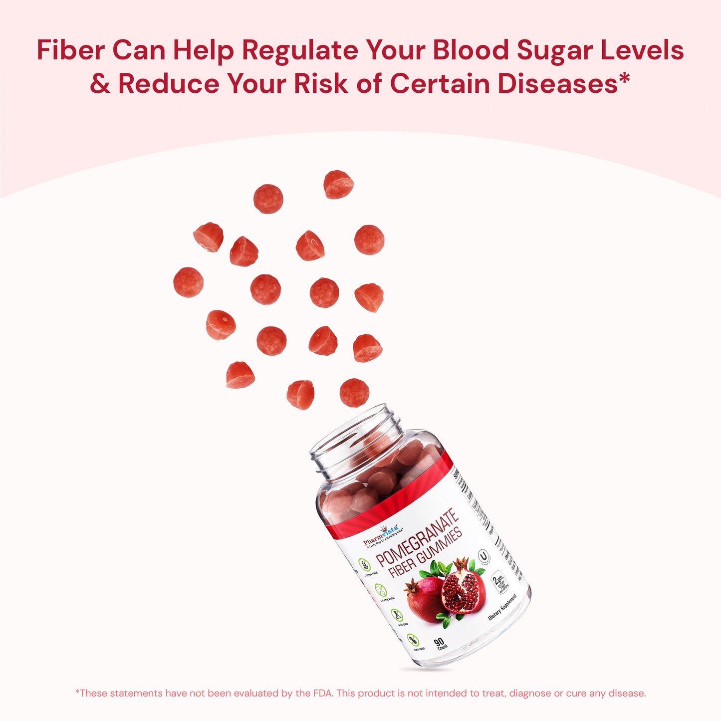 Pomegranate Fiber Gummies 100mg - Gluten Free, Dietary Fiber Rich Supplement - 90 Count