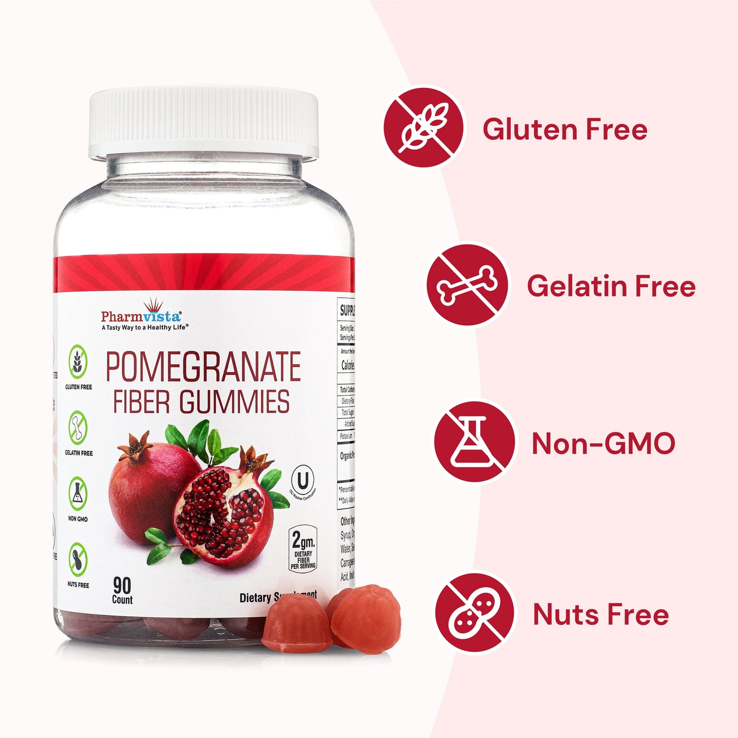 Pomegranate Fiber Gummies 100mg - Gluten Free, Dietary Fiber Rich Supplement - 90 Count