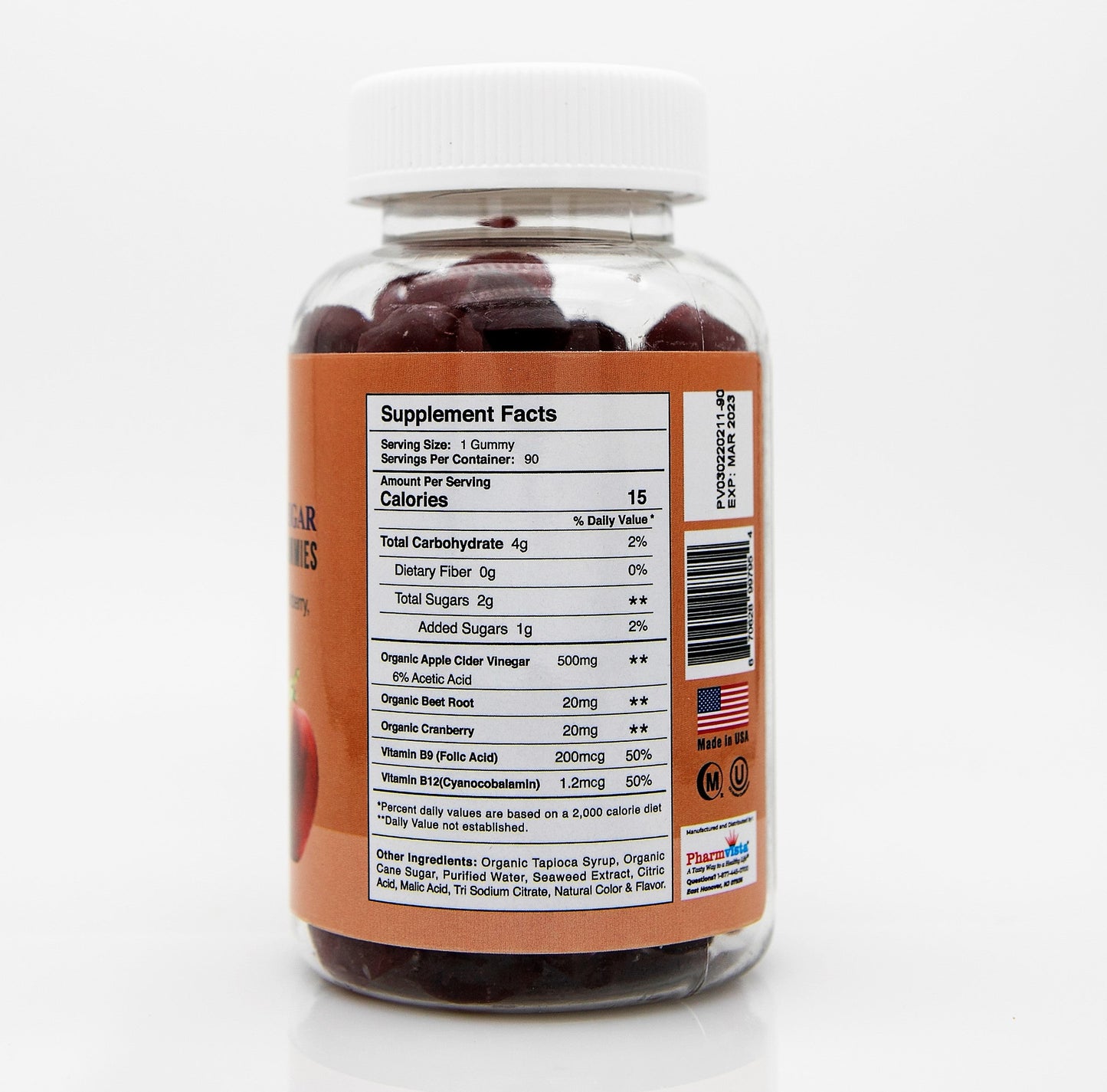 Pharmvista Apple Cider Vinegar Gummies - Energy Metabolism, Digestive Health - Made in USA - 90ct