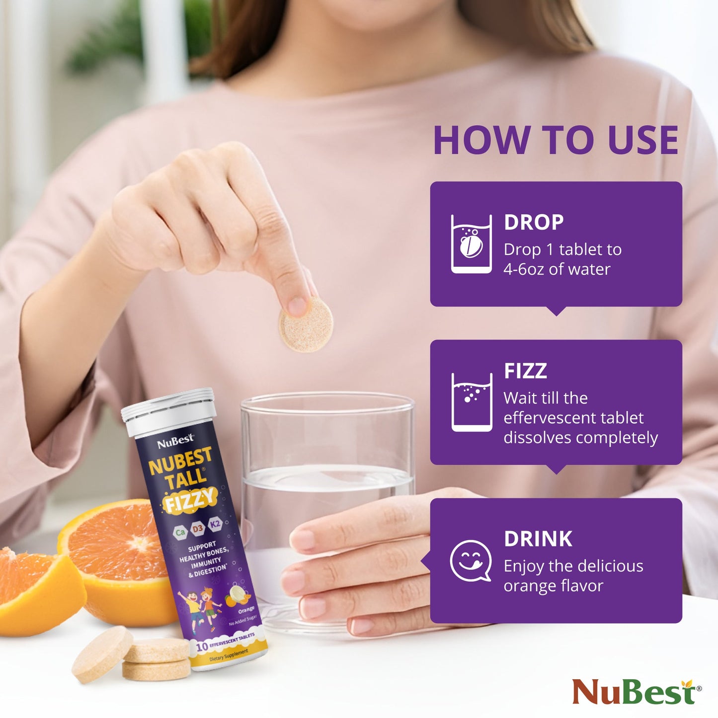 NuBest Tall Fizzy – Height Growth & Bone Strength, Orange Flavor, 10 Effervescent Tabs