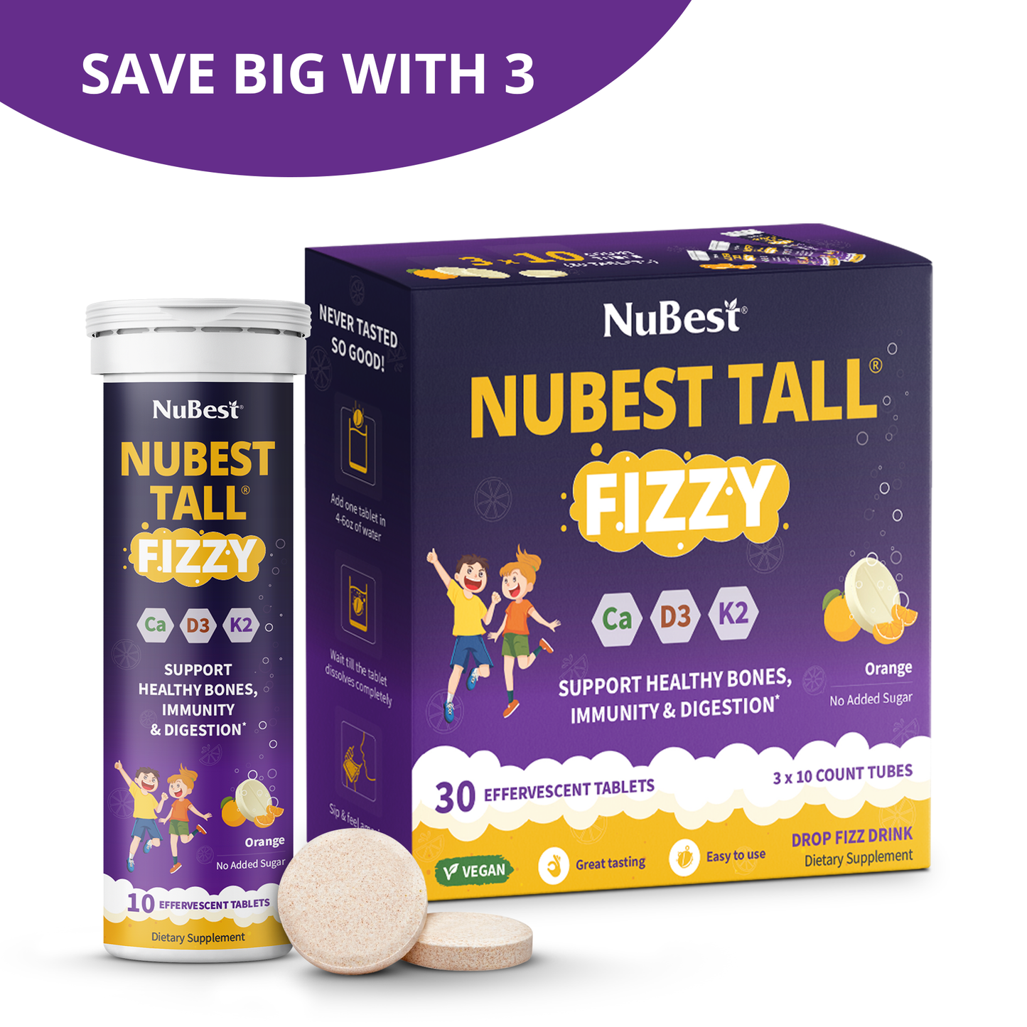 NuBest Tall Fizzy – Height Growth & Bone Strength, Orange Flavor, 10 Effervescent Tabs