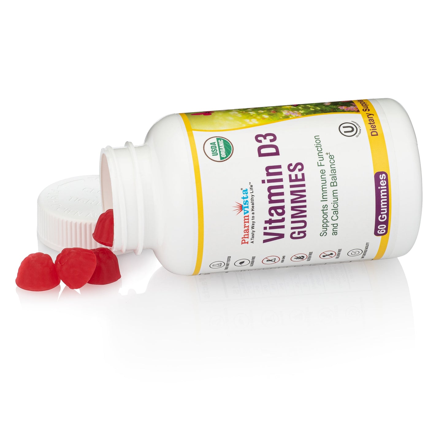 Organic Vitamin D3 1000IU Gummies - Sunshine vitamin, Gluten Free, Natural Cherry Flavor, Made in USA