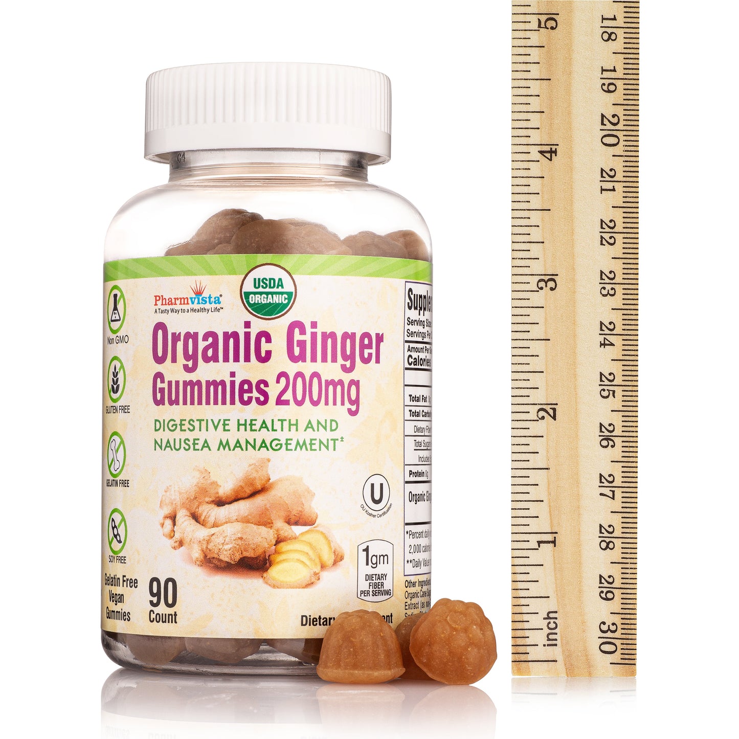 Organic Ginger Gummies 200mg - 90 count - Gelatin Free, Gluten Free, Vegan Gummies - Made in USA