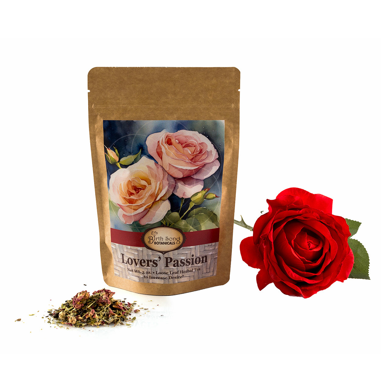 Lovers' Passion Herbal Tea, Blended with Organic Rose Petals, To Support Healthy Sensuality, A Lovers Gift 3 oz.