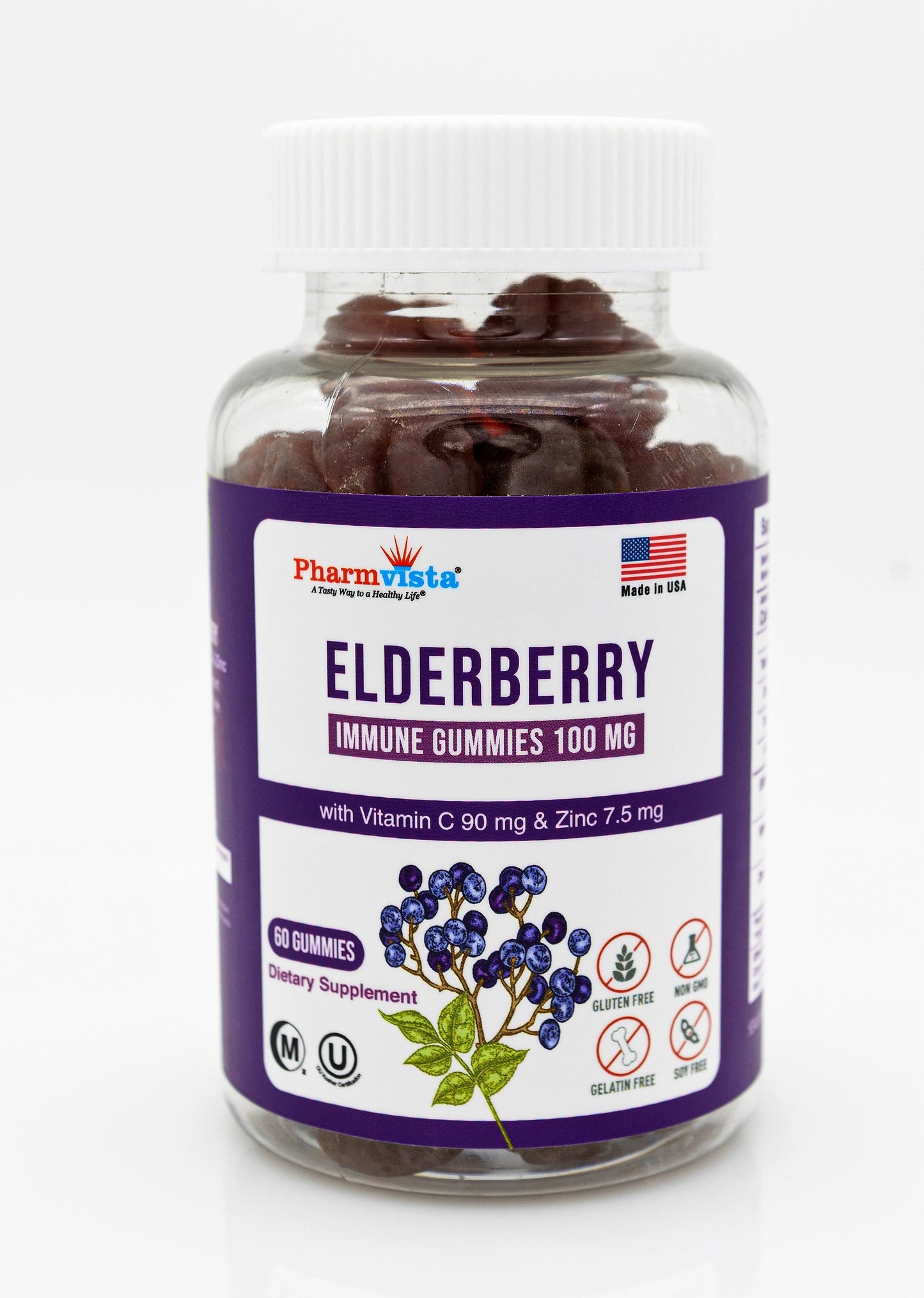 Elderberry Immune Gummies 100mg with Vitamin C and Zinc - Gluten Free, 7% Anthocyanin - 60 Count