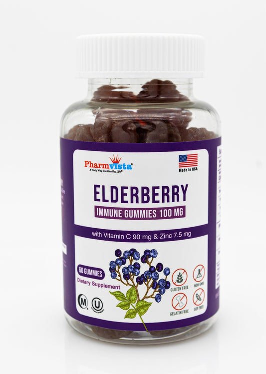 Elderberry Immune Gummies 100mg with Vitamin C and Zinc - Gluten Free, 7% Anthocyanin - 60 Count