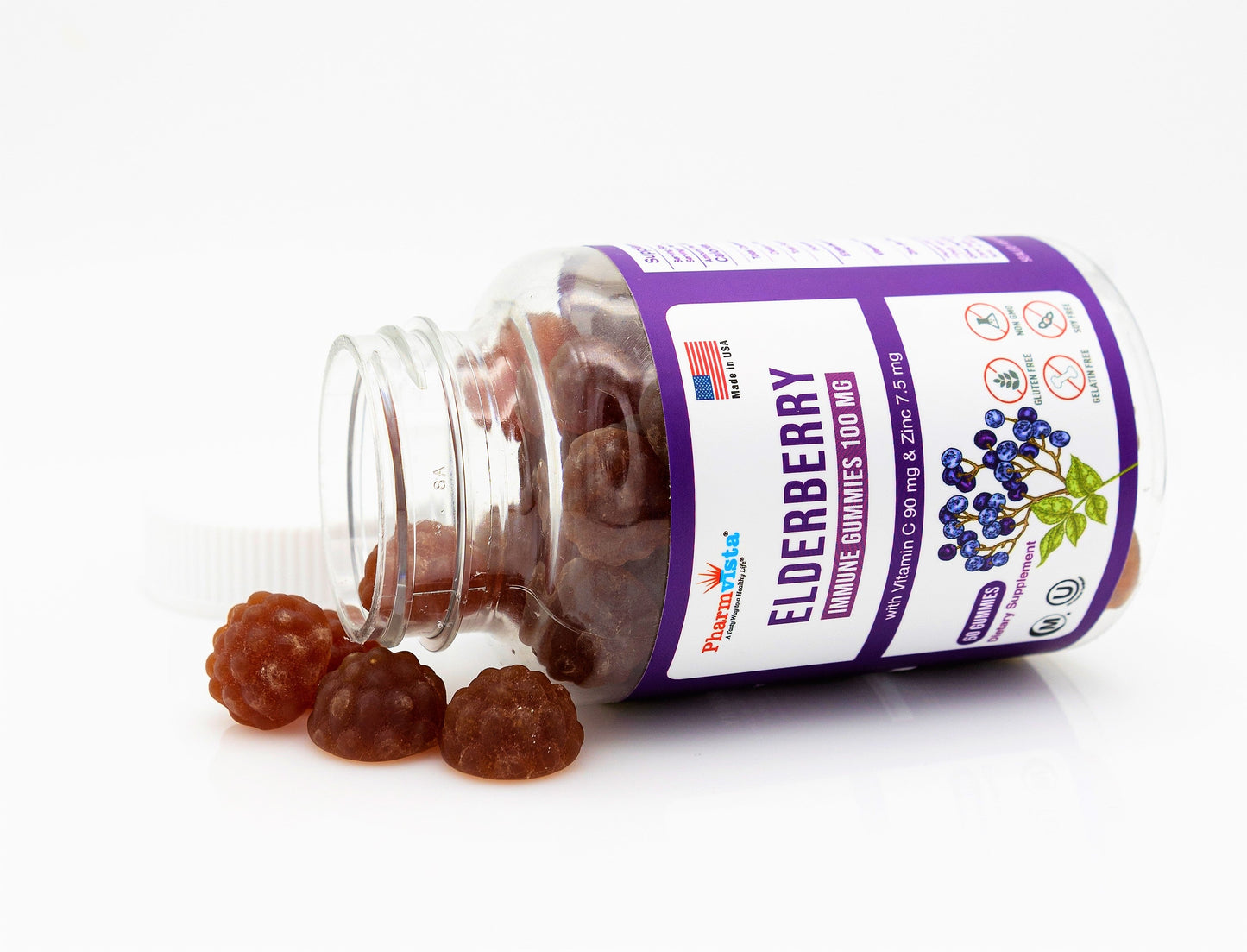 Elderberry Immune Gummies 100mg with Vitamin C and Zinc - Gluten Free, 7% Anthocyanin - 60 Count