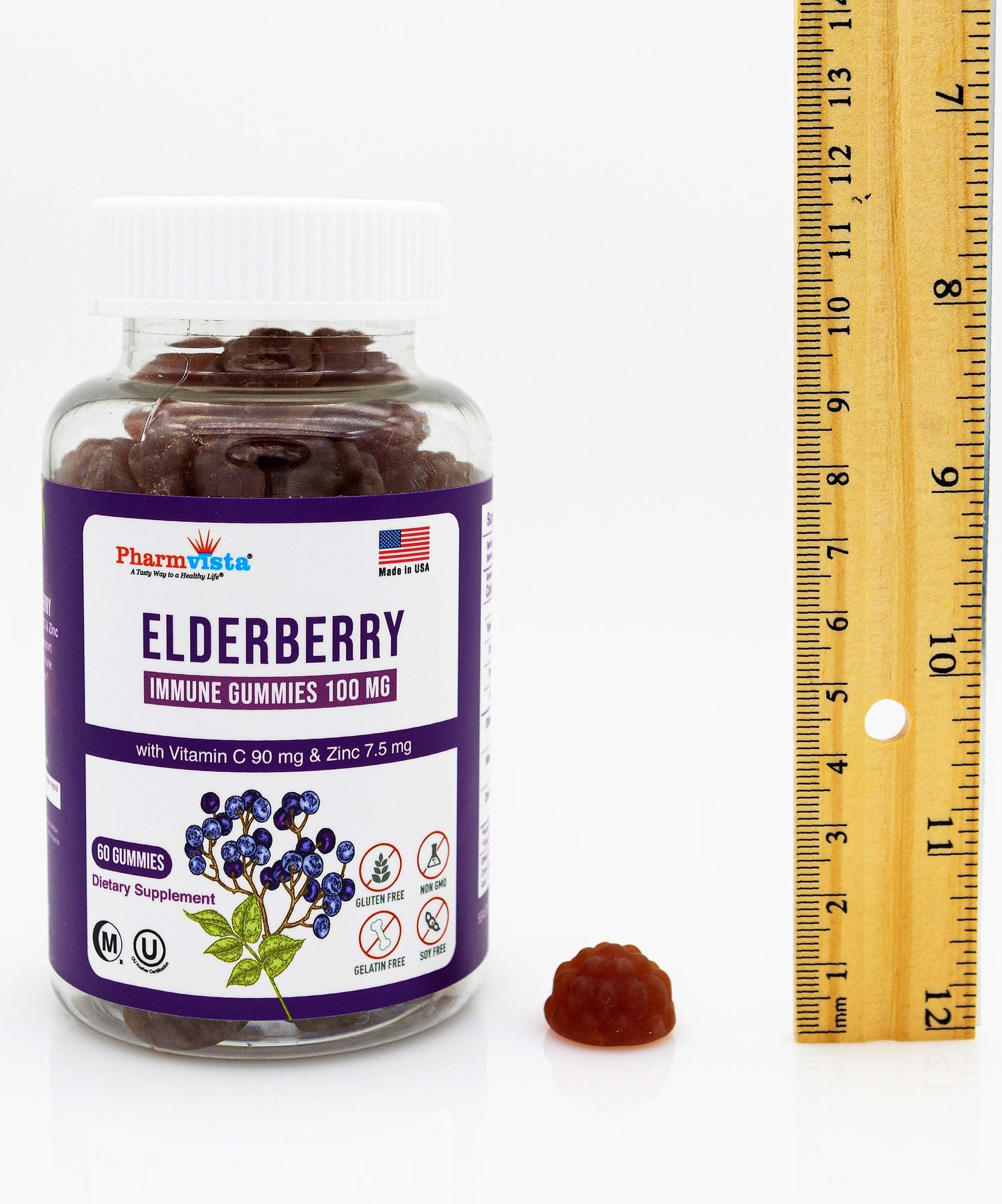 Elderberry Immune Gummies 100mg with Vitamin C and Zinc - Gluten Free, 7% Anthocyanin - 60 Count