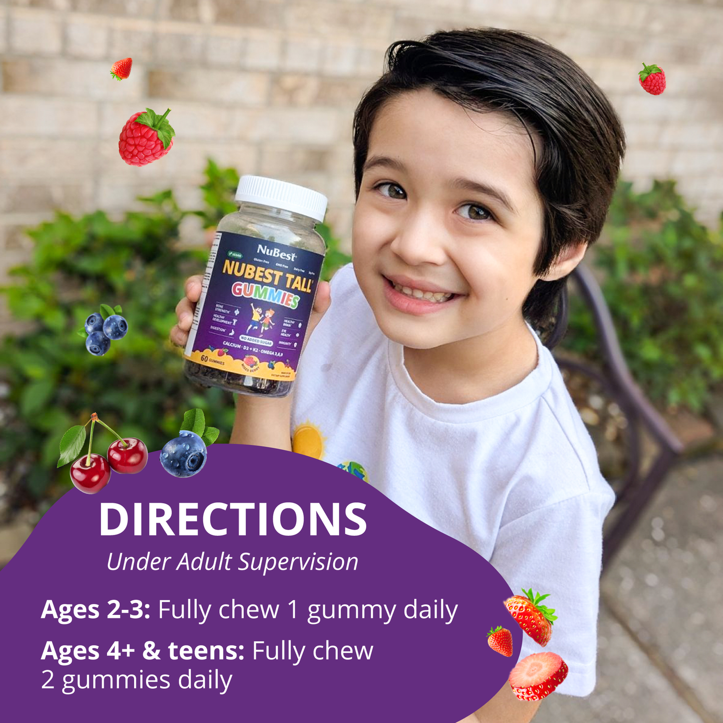 NuBest Tall Gummies for Ages 2+, No Added Sugar, 60 Vegan Gummies