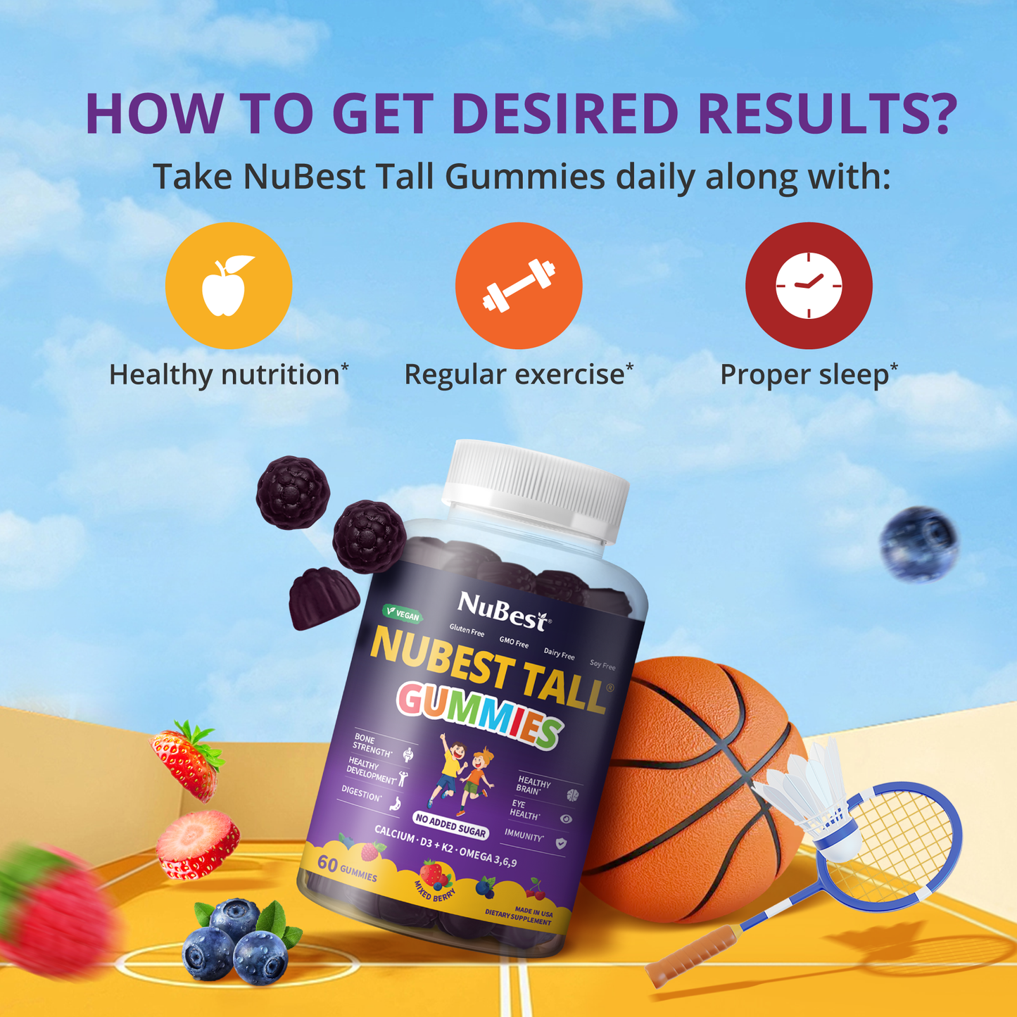 NuBest Tall Gummies for Ages 2+, No Added Sugar, 60 Vegan Gummies